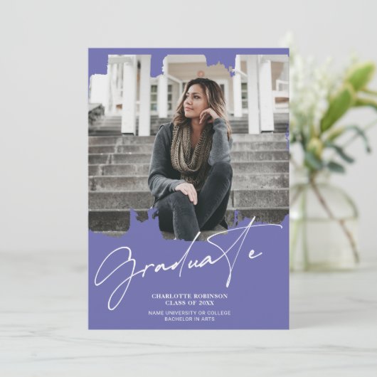 Invitation Cool violet bleu script de diplôme de deuxième cyc (Debout devant)