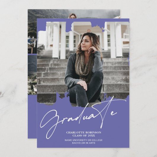 Invitation Cool violet bleu script de diplôme de deuxième cyc (Devant / Derrière)