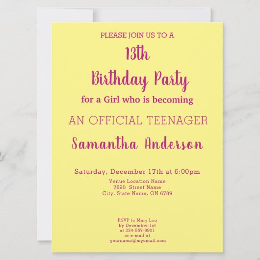 Invitation Cool Vous avez 13 ans, anniversaire officiel d'ado (Dos)