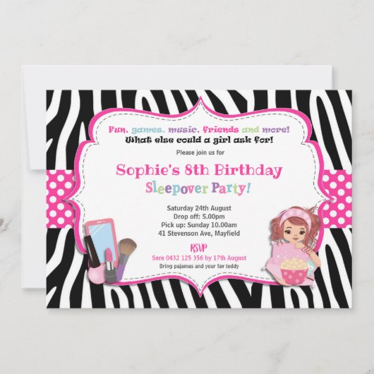 Invitation Copie de zèbre de filles d'anniversaire de soirée (Devant)