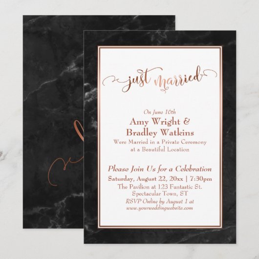 Invitation Copper Just Married Célébration sur Marbre Noir (Devant / Derrière)