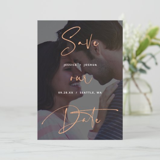 Invitation Copper Script Vellum Look Photo Enregistrer la dat (Debout devant)