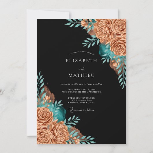 Invitation Copper Teal Floral Whimsy Wedding (Devant)