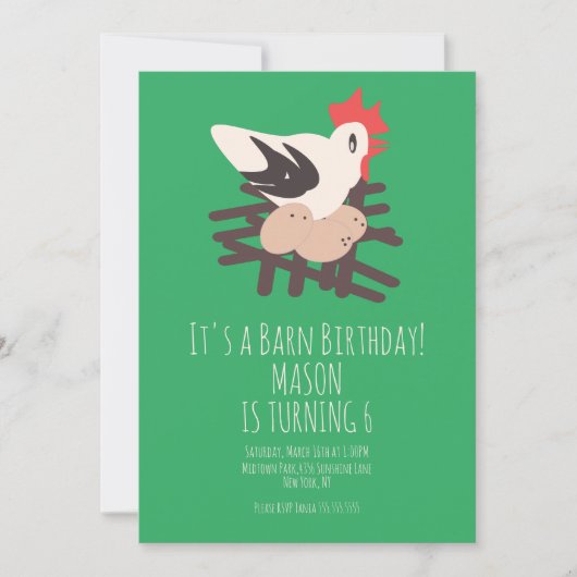 Invitation Coq Grange Animaux Ferme Anniversaire Art Vert (Devant)