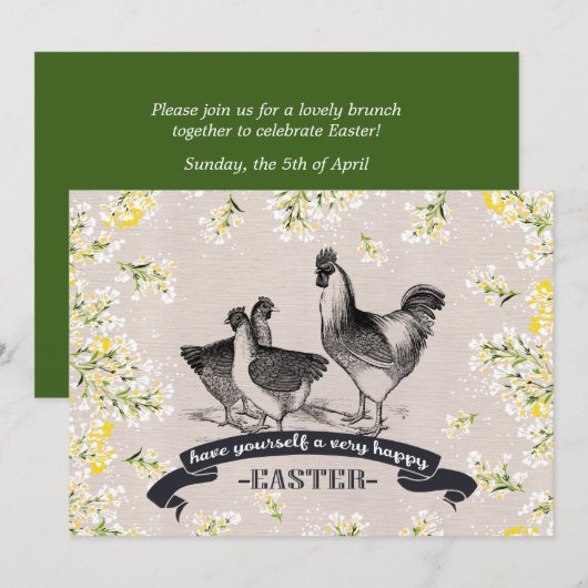 Invitation Coq vintage & poules Brunch de Pâques (Devant / Derrière)