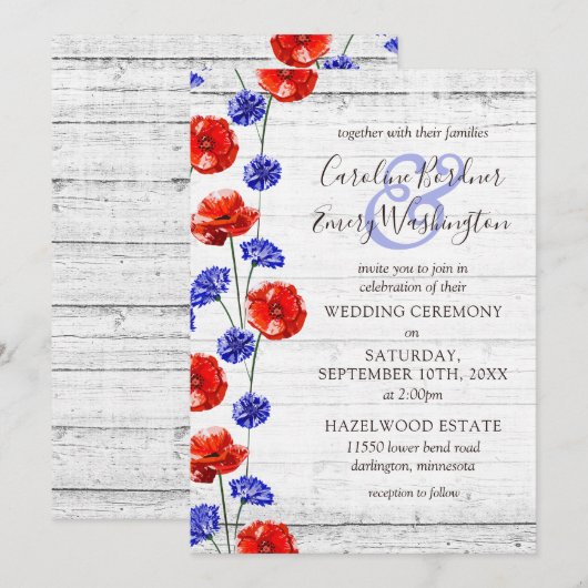 Invitation Coquelicot et Bleuet Fleur de Bois Rustique Mariag (Devant / Derrière)