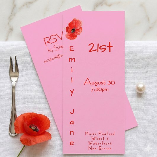 Invitation Coquelicot rouge rose Funky Vertical 21e anniversa
