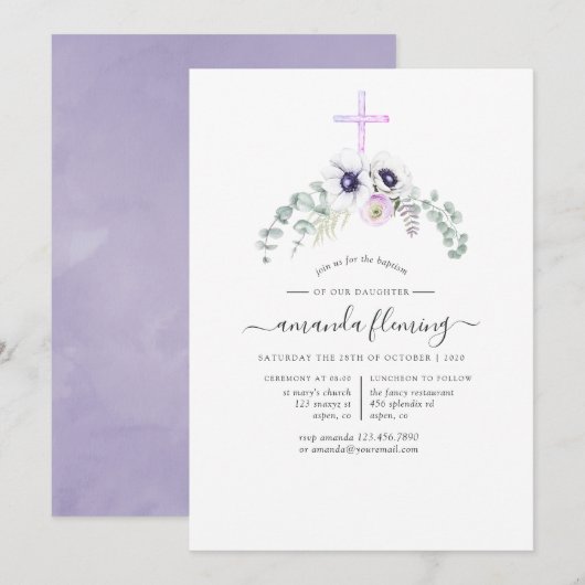 Invitation Coquelicot Violet Poussiéreux Floral Baptême (Devant / Derrière)