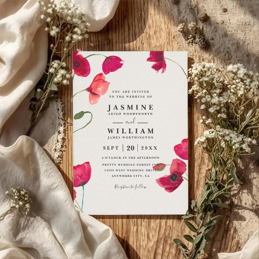 Invitation Coquelicots Floral Romantique Chic Code QR Mariage