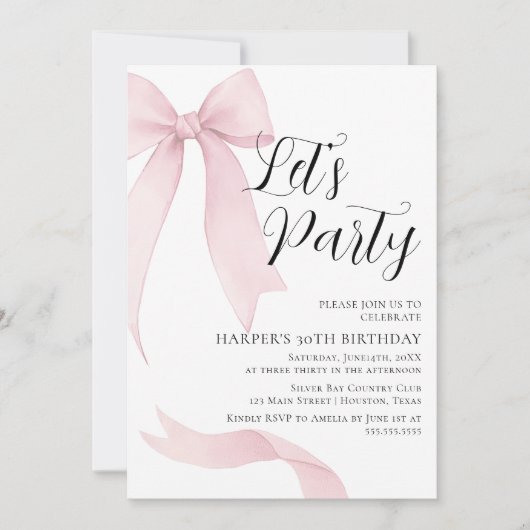 Invitation Coquete pink bow Birthday party (Devant)