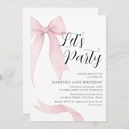 Invitation Coquete pink bow Birthday party (Devant / Derrière)