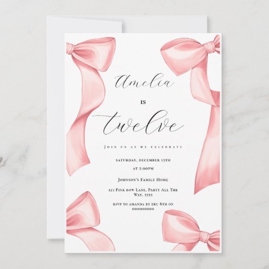 Invitation Coquette 12e anniversaire fille rose bow 13e 18e (Devant)