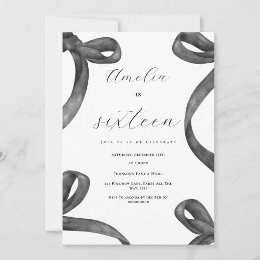 Invitation Coquette 16e anniversaire fille Noir Bow 18e 21e (Devant)