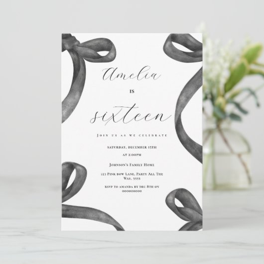 Invitation Coquette 16e anniversaire fille Noir Bow 18e 21e (Debout devant)