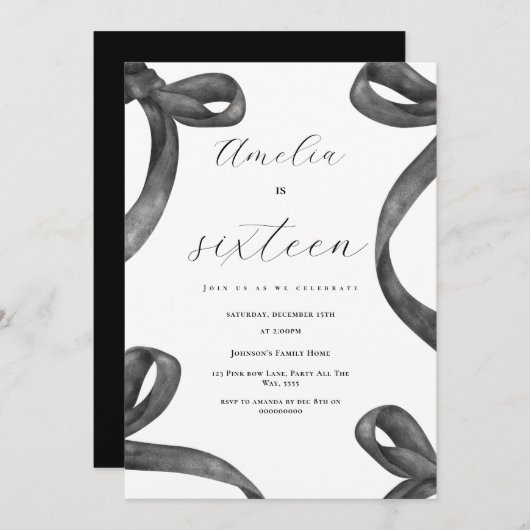 Invitation Coquette 16e anniversaire fille Noir Bow 18e 21e (Devant / Derrière)