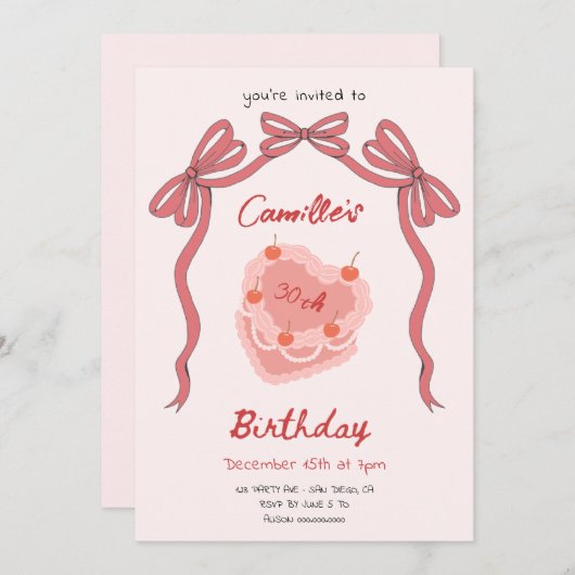Invitation Coquette à gâteaux et à bow rétro (Devant / Derrière)