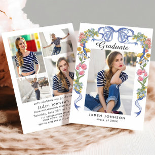 Invitation Coquette à la mode Bleue Bow 5 PHOTO Graduation Pa