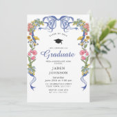 Invitation Coquette à la mode Bleue Bow Fête de graduation (Debout devant)