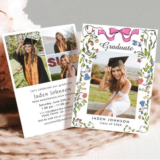 Invitation Coquette à la mode Bow rose 4 PHOTO Graduation Par