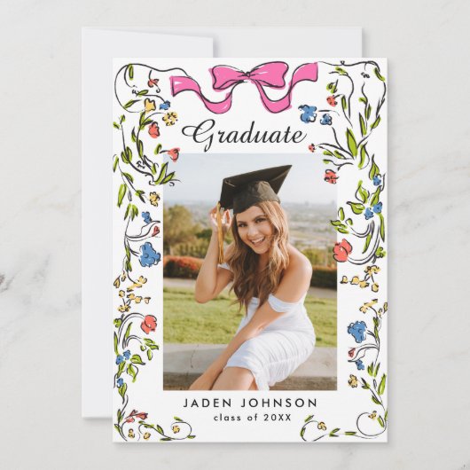 Invitation Coquette à la mode rose Bow 2 PHOTO Graduation Par (Devant)