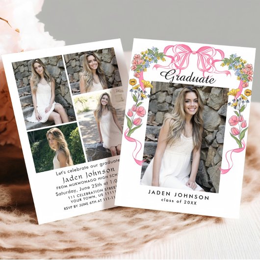 Invitation Coquette à la mode rose bow 5 PHOTO Graduation Par
