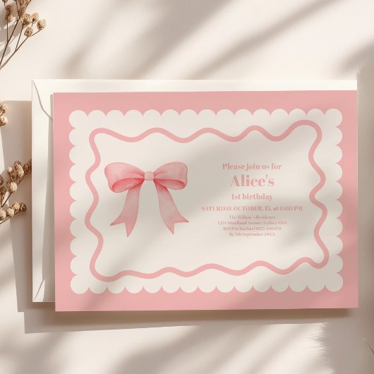 Invitation Coquette Aquarelle rose Bow 1er anniversaire