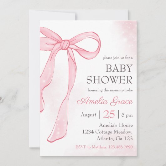 Invitation Coquette Aquarelle rose mignon Baby shower Bow (Devant)