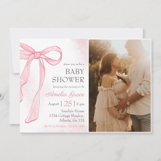 Invitation Coquette Aquarelle rose mignon Baby shower Bow (Devant)