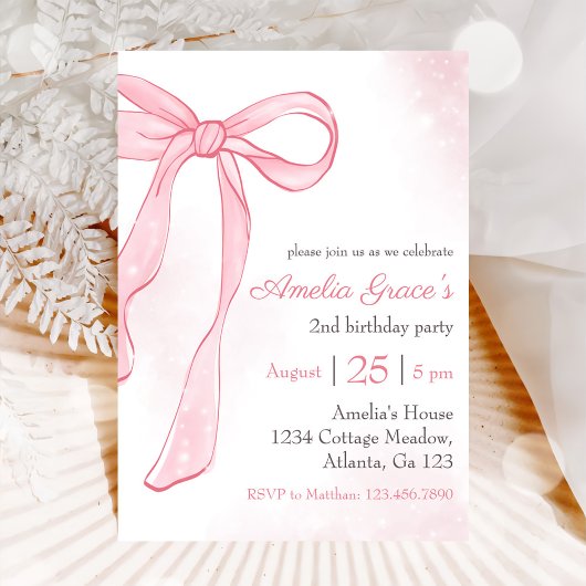 Invitation Coquette Aquarelle rose mignonne Bow 2e anniversai
