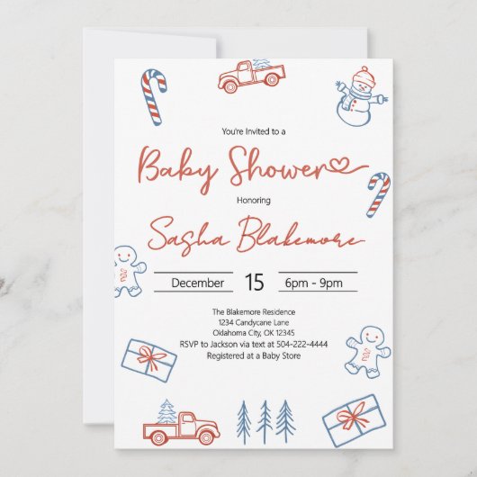 Invitation Coquette Baby shower de Noël rouge et bleu rustiqu (Devant)