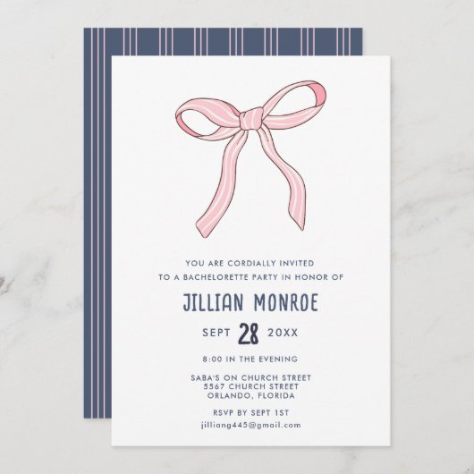 Invitation Coquette Bachelorée Rose Bleu (Devant / Derrière)