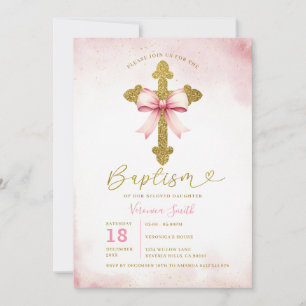 Invitation Coquette baptême fille ruban rose croix christenin