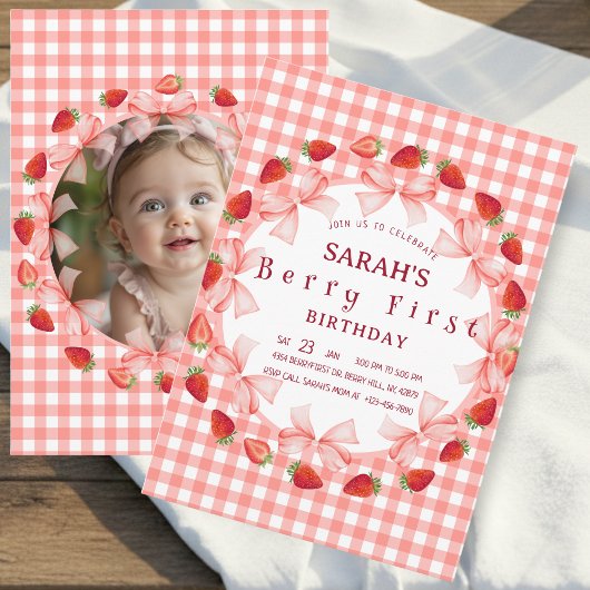 Invitation Coquette Berry First Birthday Red Gingham Photo