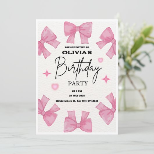 Invitation Coquette Birthday Invitation, Pink Bow Aesthetic (Debout devant)