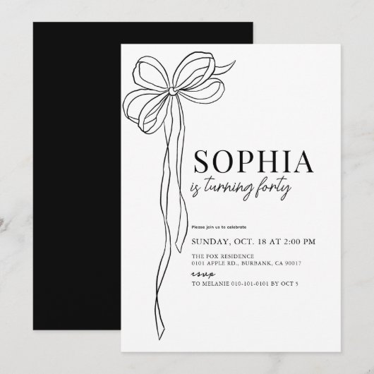 Invitation Coquette Black Bow Ribbon Adulte Anniversaire (Devant / Derrière)