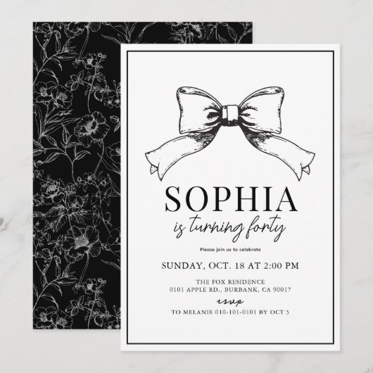 Invitation Coquette Black Bow Ribbon Adulte Anniversaire (Devant / Derrière)