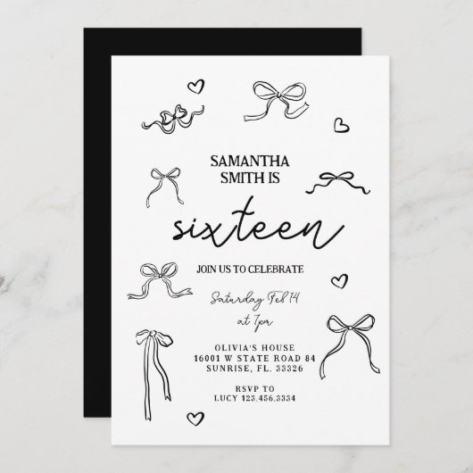 Invitation Coquette Black Bows 21e fête d'anniversaire (Devant / Derrière)