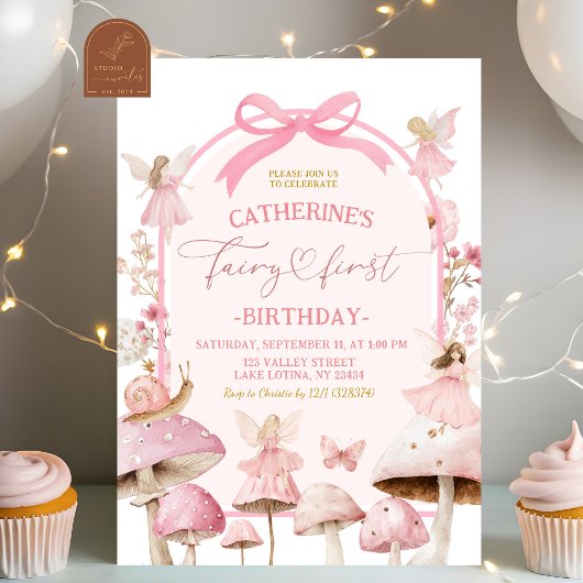 Invitation Coquette Blanc et Rose Fée Premier Anniversaire