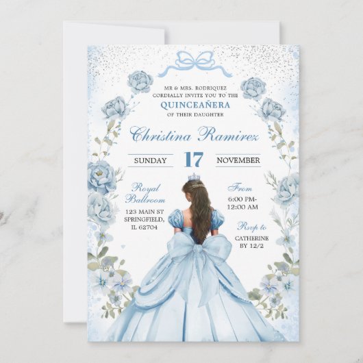 Invitation coquette bleu arc princesse quinceanera (Devant)