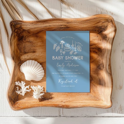 Invitation Coquette bleu baby shower à main moderne
