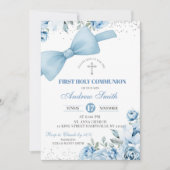 Invitation Coquette Bleue Bow Première Communion Sainte (Devant)