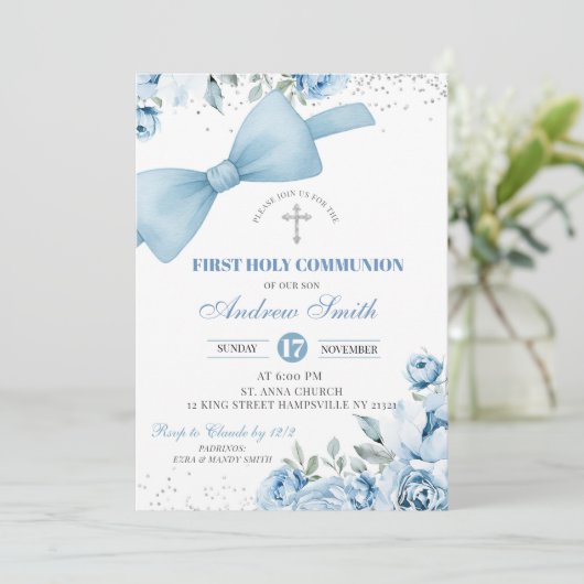 Invitation Coquette Bleue Bow Première Communion Sainte (Debout devant)