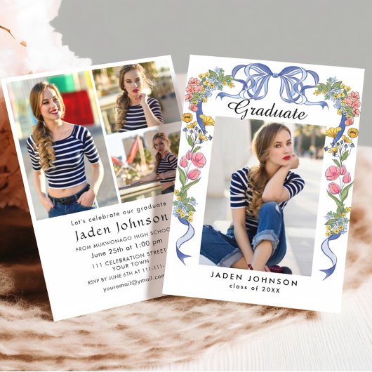 Invitation Coquette Bleue tendance 4 PHOTO Graduation Party