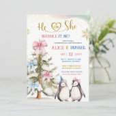 Invitation Coquette Blue and Pink Penguin Gender Reveal (Debout devant)