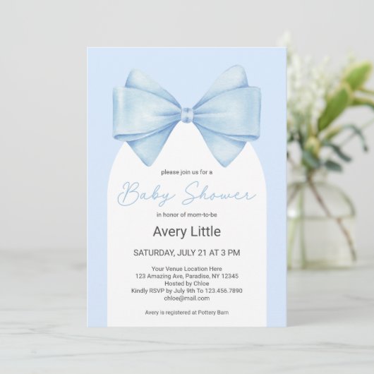 Invitation Coquette Blue Bow Moderne Baby shower garçon (Debout devant)