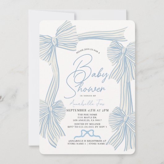 Invitation Coquette Blue Bow/Ribbon Boy Baby shower (Devant)