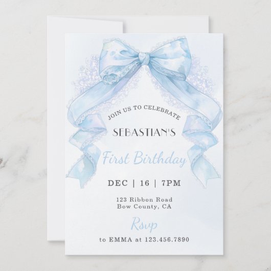 Invitation Coquette Blue Lace Bow Boy First Birthday (Devant)