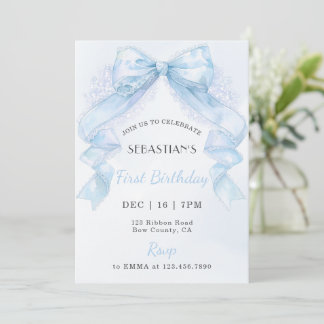 Invitation Coquette Blue Lace Bow Boy First Birthday