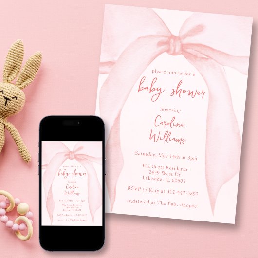 Invitation Coquette Blush Pink Bow Whimsical mignon Baby show