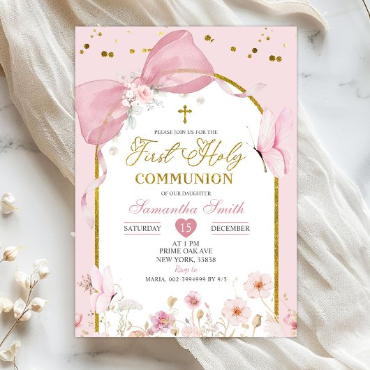 Invitation Coquette Blush Pink Butterfly First Holy Communion